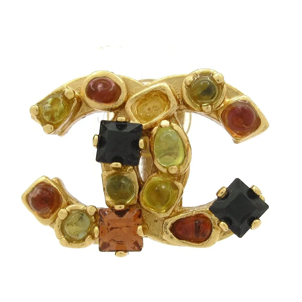 Chanel Coco Clip On Earrings Gold Black Multi Hardware Rhinestones